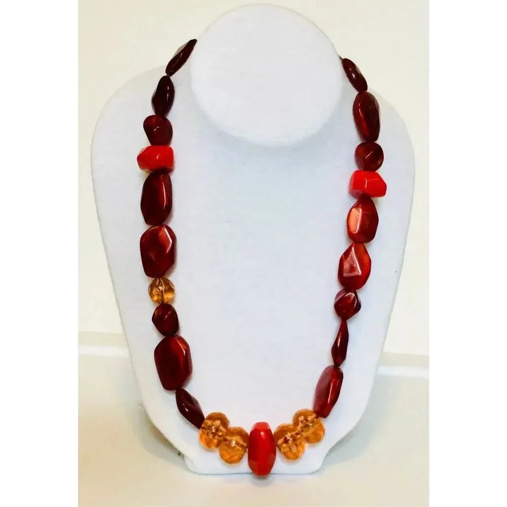 Vintage Amber Orange Mixed Bead Faceted Octagonal Chunky Beaded Necklace Jewelry
